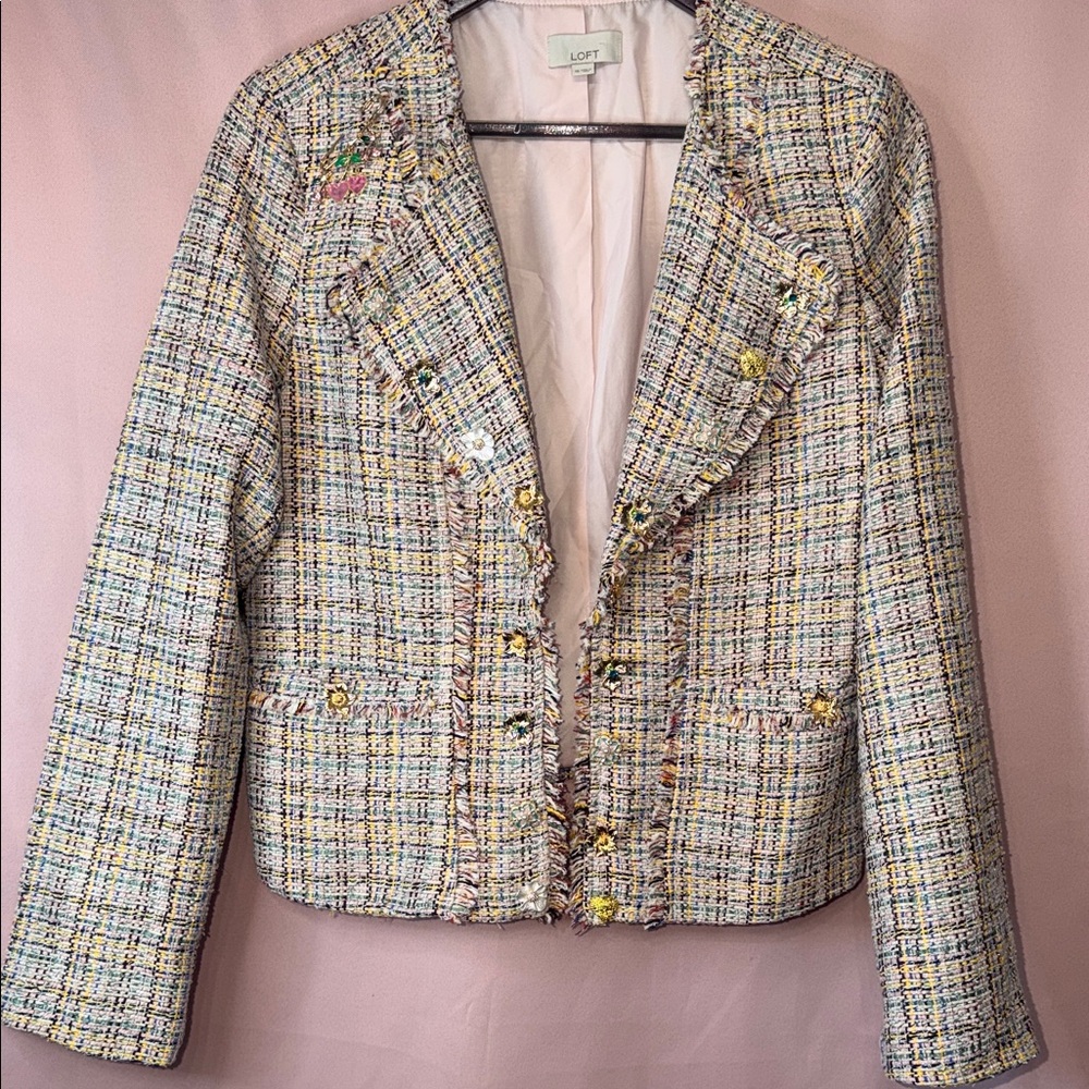 Tweed Blazer Jacket Gold Button Textured Structured Spring Chic